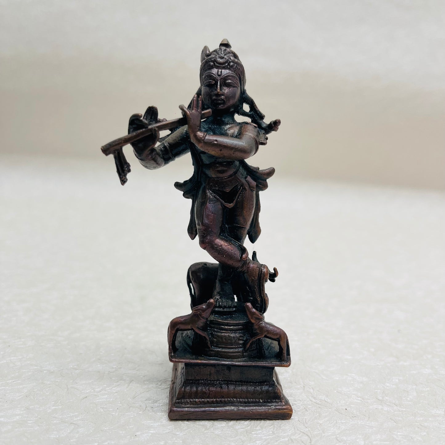 Miniature Krishna With Cow playing Flute casted in copper