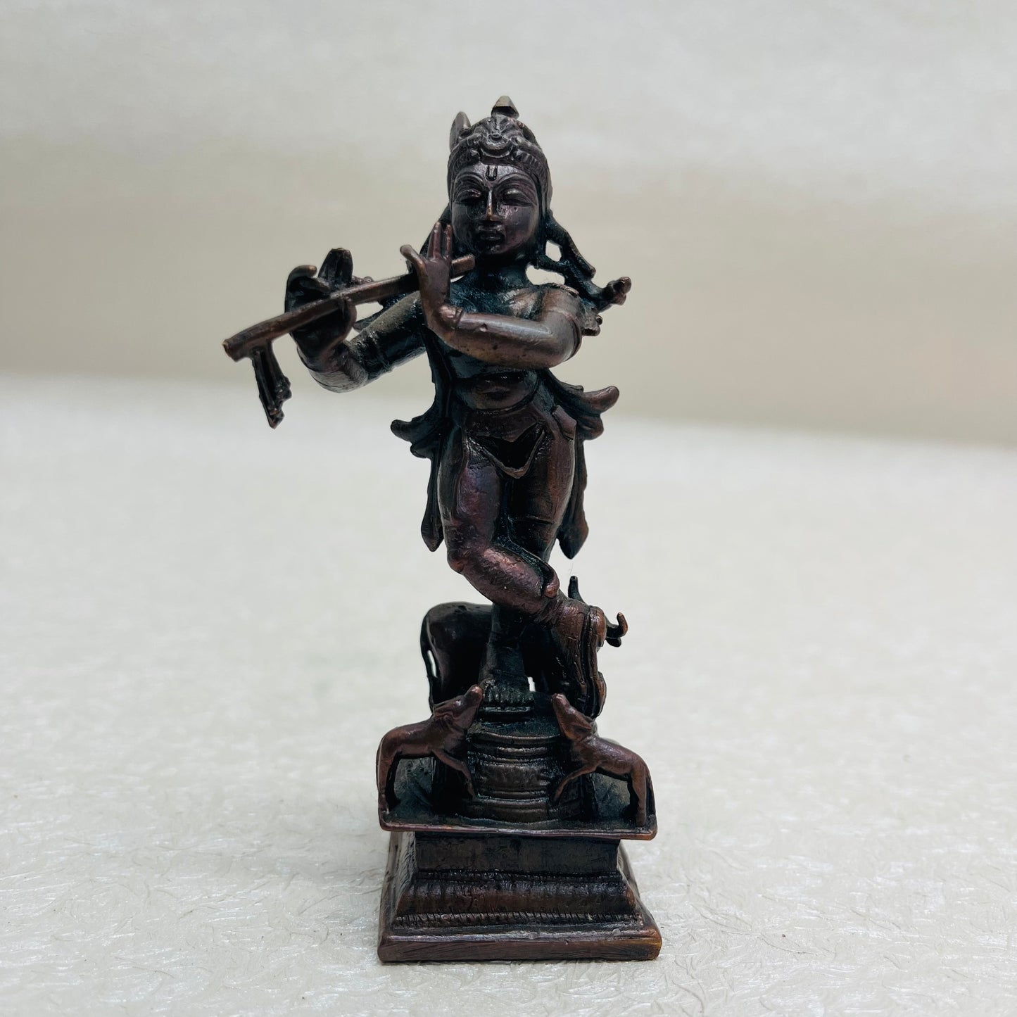 Miniature Krishna With Cow playing Flute casted in copper