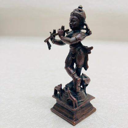 Miniature Krishna With Cow playing Flute casted in copper