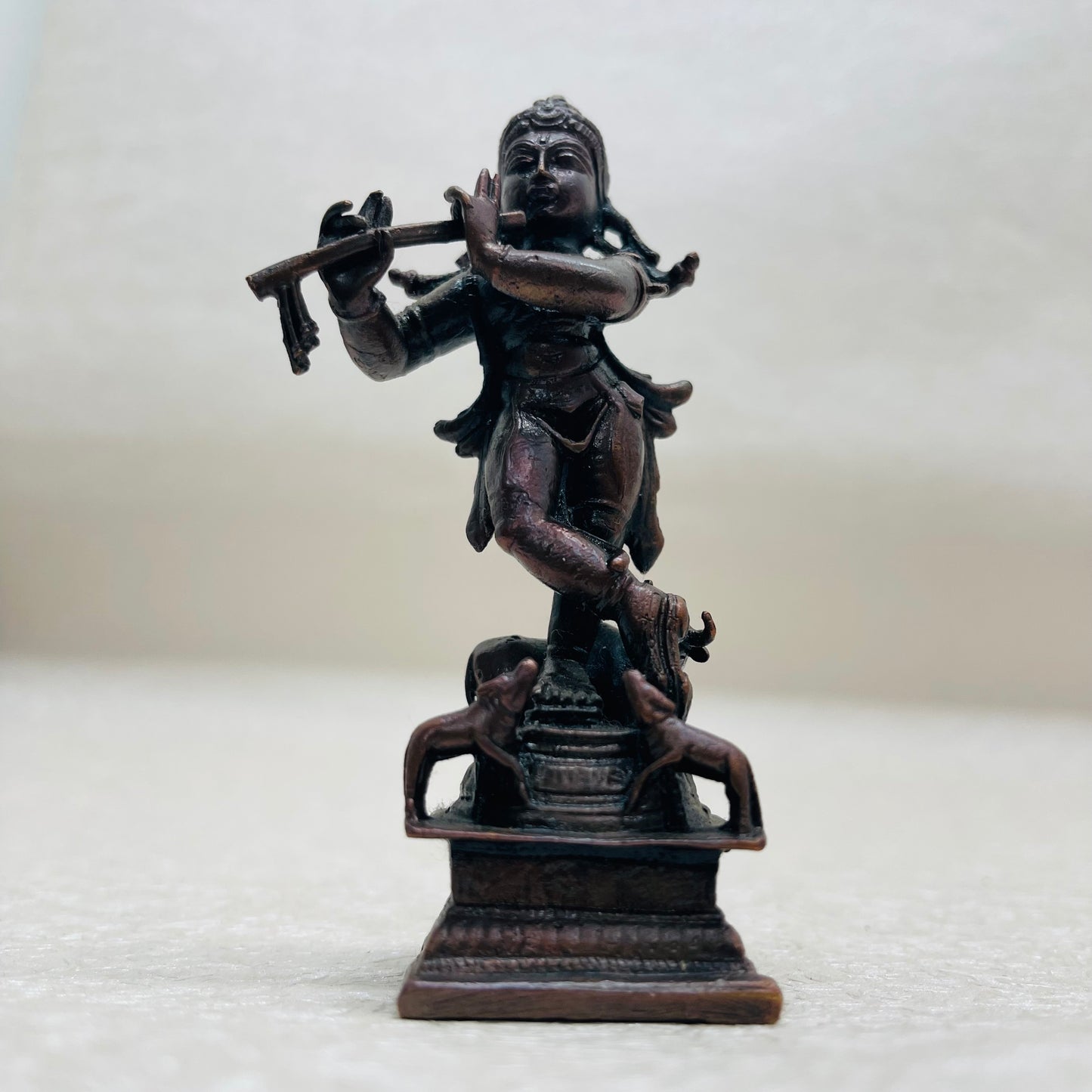 Miniature Krishna With Cow playing Flute casted in copper