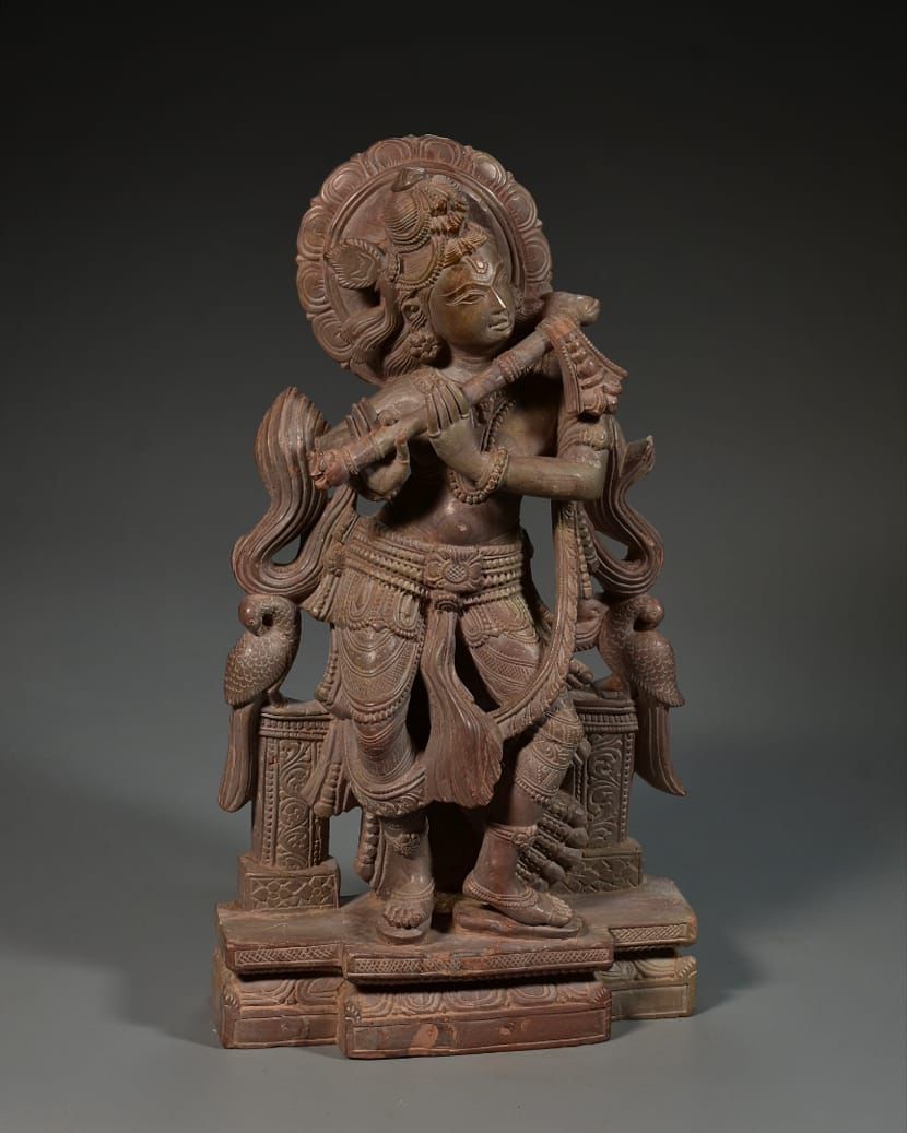 Hand Carvde Stone Krishna Playing Flute