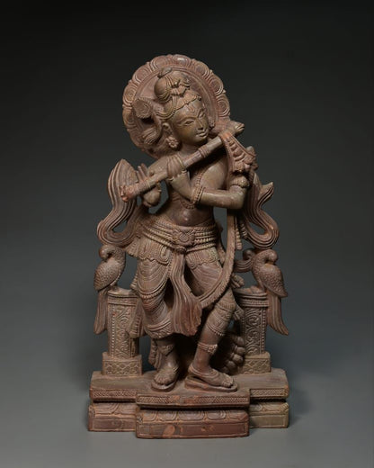 Hand Carvde Stone Krishna Playing Flute