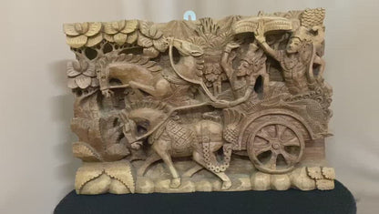 Wooden Lord Krishna Arjuna Rath Chariot wall panel
