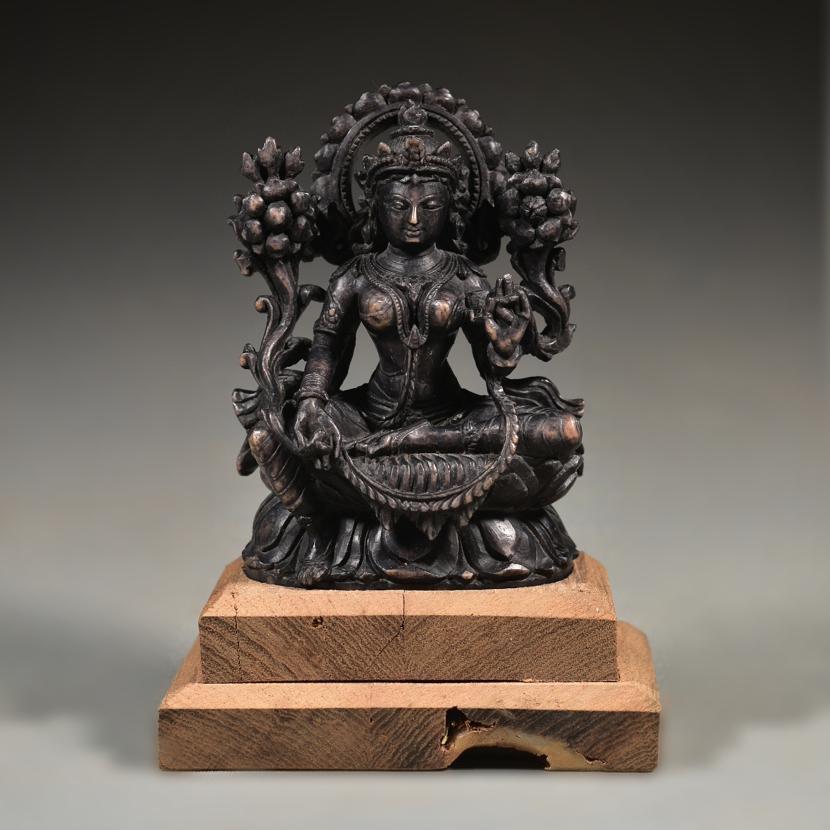 Vintage Lakshmi Goddess Stone Statue, Small Size Sitting Laxmi on Lotus Idol for Home Temple, Hindu Goddess of Fortune, Vintage Sculpture - KhatiJi