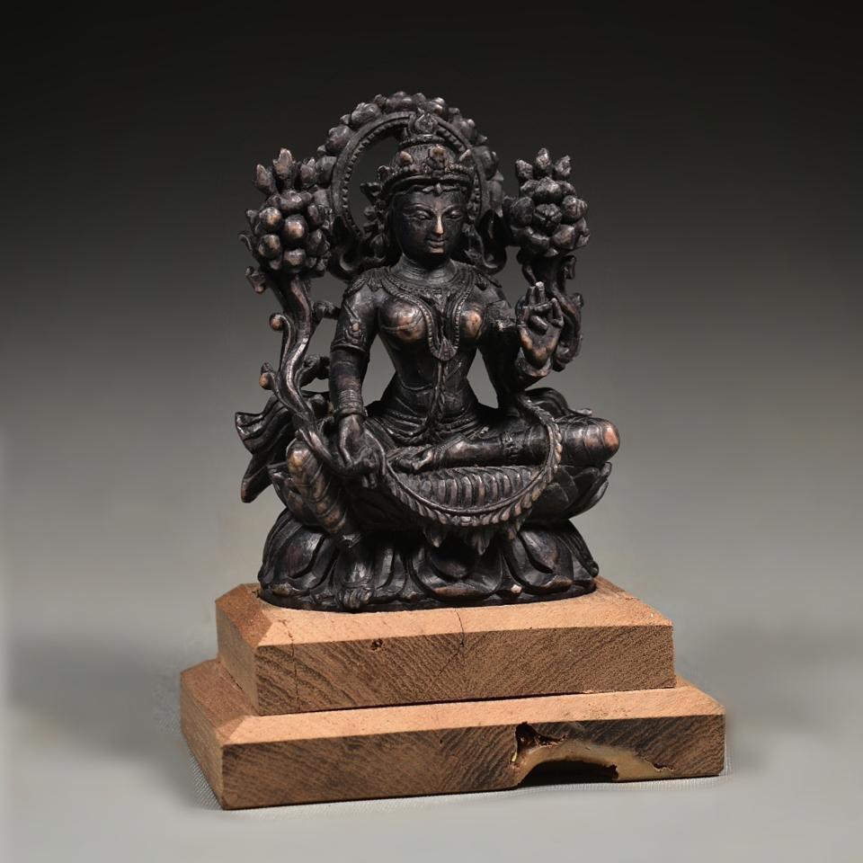 Vintage Lakshmi Goddess Stone Statue, Small Size Sitting Laxmi on Lotus Idol for Home Temple, Hindu Goddess of Fortune, Vintage Sculpture - KhatiJi