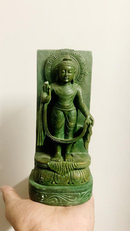 Standing Buddha Green Soft Stone Carved, Standing Buddha Teaching Vitarka Mudra Best for collection, Unique Gift