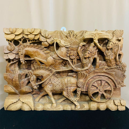 Wooden Lord Krishna Arjuna Rath Chariot wall panel